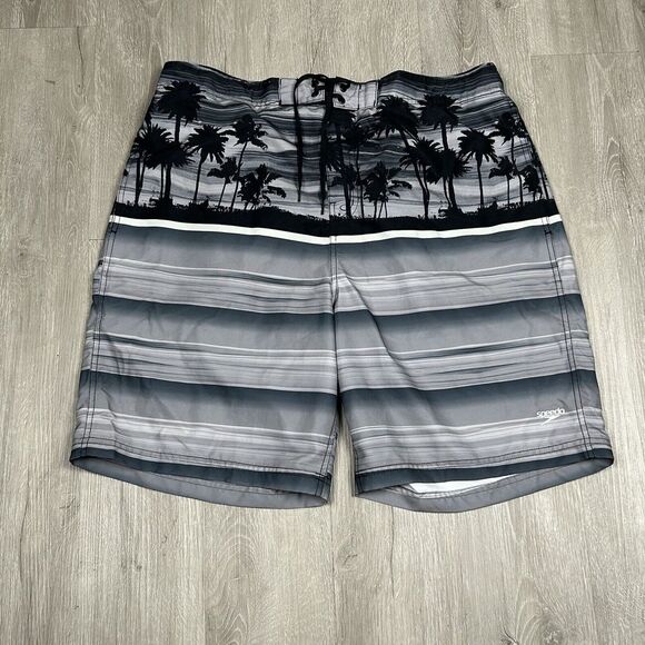 Speedo Other - Speedo Mens 2XL Gray Black Tropical Swim Trunks Board‎ Shorts Lined Palm Trees